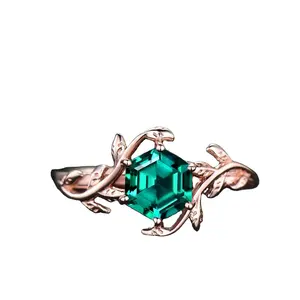 Vintage Hexagon Cut Emerald Engagement Ring Leaf Flower Ring Solitaire 925 Silver Rose Gold Emerald Ring For Women