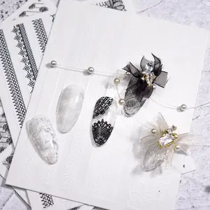 Decalques 3D para Nail Art, ornamentos em renda preta e branca, bolinhas adesivas deslizantes para manicure, decoração para manicure por atacado