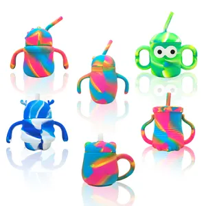 Gobelet en Silicone pour tout-petit, Design Animal, tasses en paille de Transition, sans BPA, tasse d'entraînement pour bébé avec deux poignées