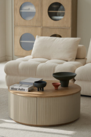 Luxuriöses Vintage Nordisch-Japandi Beistelltisch-Set mit 2 Schubladen, Multifunktionaler Stauraum, Eiche Massivholz Rundtisch, Modernes Couchtisch-Set