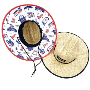 भूसे टोपी थोक फ्लैट शीर्ष उच्च गुणवत्ता फैशन कस्टम लोगो पैच सर्फ सफारी भूसे टोपी व्यापक कगार टोपी
