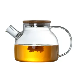 One Container Large Quantity Good Price Clear Amber Color 1000ml Hot Sale Promotional Glass Teapot Bamboo Lid Water Pot