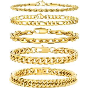 Conjunto de Pulsera de <span class=keywords><strong>Cadena</strong></span> <span class=keywords><strong>Cubana</strong></span> de Acero Inoxidable con Baño de <span class=keywords><strong>Oro</strong></span> de 18K, Antideslustre, para Hombre - Product Image 2