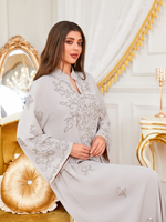 Robe longue Kaftan Jalabiya pour adultes musulmans, avec appliques florales en strass, col à capuche, tenue modeste pour l'Aïd, le Ramadan, les soirées et les fêtes