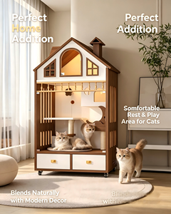 Casa de Lujo para <span class=keywords><strong>Mascotas</strong></span> de Dos Niveles, de Una Pieza, Móvil, Impermeable y Cálida, Villa Moderna Retro de Madera Maciza para Gatos con Bandeja Sanitaria para Sala de Estar - Product Image 1