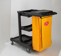 Carrito de conserje comercial para hotel y restaurante, carrito de limpieza de plástico amarillo, bolsa de basura, cubos, escurridor para servicio de limpieza