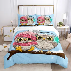 Cute Cartoon 3D owl print duvet cover set suitable for children's room boys and girls bedding