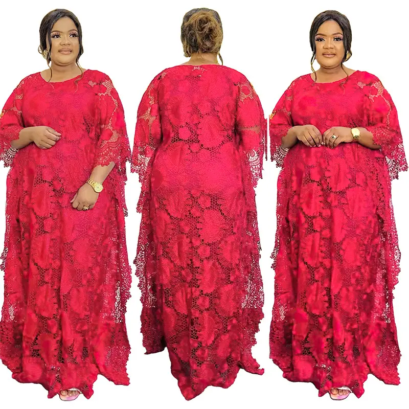 Conjunto de vestido africano com decote redondo, 2 peças, vestido de renda, florido, casual, vazado, com saia interna, vestido feminino igreja abaya