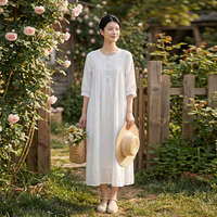 Robe bohème en ramie pour femme, col rond, plissée devant, coupe ample, manches 3/4, décontractée, tendance, pour les vacances d'été