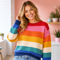Pull en tricot rayé arc-en-ciel personnalisé pour femme, col rond, manches longues, coupe ample, vêtements décontractés pour femmes, OEM ODM