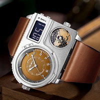 Montre-bracelet Oulm 5026 à double affichage pour homme, montre de sport à deux fuseaux horaires, grande taille, montre à quartz, montres décontractées en cuir pour homme