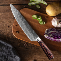 Ensemble de 10 couteaux de chef en acier inoxydable à motif laser Damas avec manche en bois Pakka, vente en gros