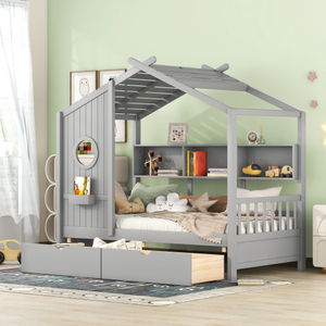 Lit superposé moderne en bois pour enfant avec 2 tiroirs, lit enfant avec étagère de rangement, gris - Product Image 1