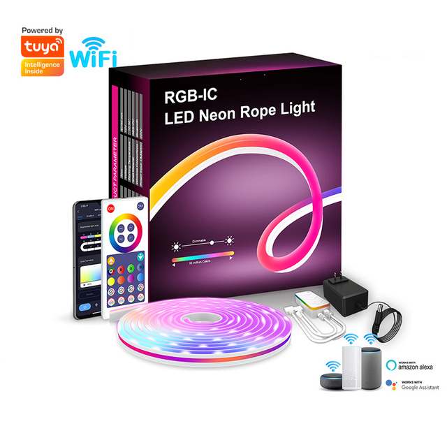 Tuya WiFi Alexa Google Home RGBIC 12V 24V Flexible Smart LED Strip Lights Flex Neon Rope Light with APP Voice Control