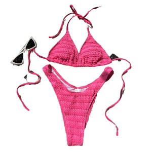 Women's Ribbed Two Piece <b>Bikini</b> <b>Set</b> Pink Crossed Halter Swimwear For Swimming And Water Sports - Product Image 5