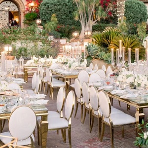 كرسي زفاف فاخر دائري بظهر دائري قابل للتأجير، كراسي ذهبية من الفولاذ المقاوم للصدأ للمناسبات - Product Image 2