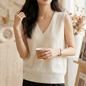 Pull ample en laine sans manches pour femme, col en V, superposé - Product Image 4