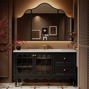 Designer French Black Vanity - Handcrafted Solid Wood <b>with</b> Brass Accents, Marble Countertop LED Mirror for Timeless Bathroom - Product Image 4