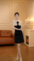 Robe de Soirée Formelle Luxe Élégante 9569, Coupe Crayon Mini Taille Haute, Tissée Color Block, Grand Col à Revers, Décoration Florale, Idéale pour le Bureau, les Rendez-vous et les Fêtes
