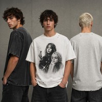 T-shirt vintage délavé effet usé pour homme, coupe carrée courte, personnalisé, imprimé numérique, streetwear unisexe