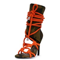 Bottines courtes à lacets en corde camouflage pour femmes, fermeture éclair arrière, lacets noués, bottines à talons fins, sandales à talons aiguilles