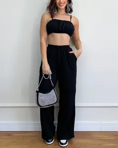 High Quality Summer Suits For Women Plain Pleated Design Cropped Top Halter Long Wide Leg Pants 2 Piece Sexy Set Women