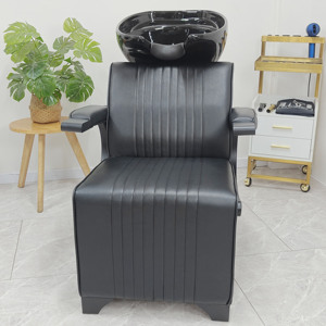 Fauteuil de lavage noir pour salon de coiffure avec cuvette en céramique et revêtement en cuir - Product Image 2