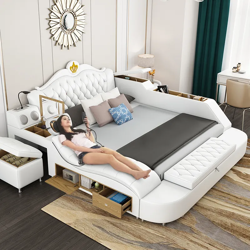 Cama inteligente de cuero de lujo, cama multifuncional Tatami King Queen, plataforma tapizada de tela suave con almacenamiento de altavoz de música