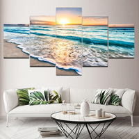 Tableaux sur toile Paysage marin au coucher du soleil moderne, Œuvre d'art dorée, Décoration murale pour la maison, Ensemble de 5 pièces à suspendre