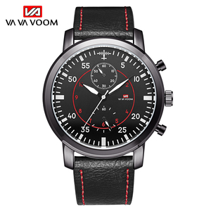 Montre chronographe de style pilote pour hommes, boîtier noir, sangle en cuir avec surpiqûres blanches, montre-bracelet de sport - Product Image 3