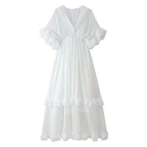 Women's 2025 Autumn Summer Vintage Casual Woven Dress New Chic Fashion Ruffled Maxi Robe with Short Sleeves Solid <b>Pattern</b> - Product Image 2