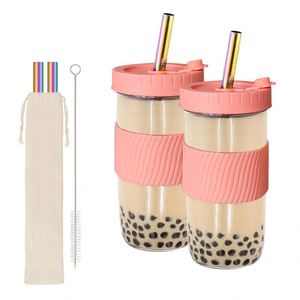 Lot de 2 bocaux Mason à large ouverture de 24 oz pour smoothies, avec couvercles en verre, pailles en acier inoxydable, brosse de nettoyage, réutilisables, pour voyage, pour bubble tea, conformes aux normes alimentaires - Product Image 1