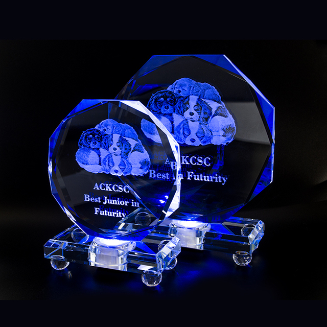 PuJiang Wholesale K9 Blank Crystal Trophy Awards with LED Base Custom 3d Laser Engrving Crystal Glass Trophies for Business Gift