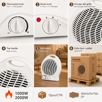 Ventilateur chauffant électrique portable en céramique PTC, mini radiateur de bureau pour pièce, 2 niveaux de chaleur 1000W 2000W, protection contre la surchauffe, fusible VDE, pour bureau