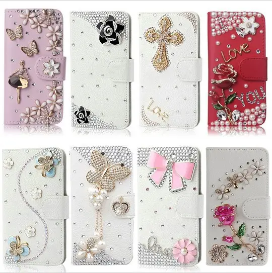3D cherry blossoms rhinestone leather wallet cases for iPhone 6s with card holder