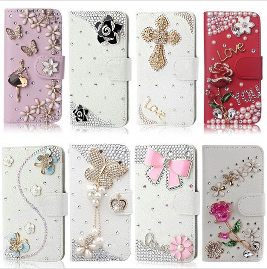 3D Cherry Blossoms Rhinestone Leather Wallet Cases for iPhone 6s with Card Holder