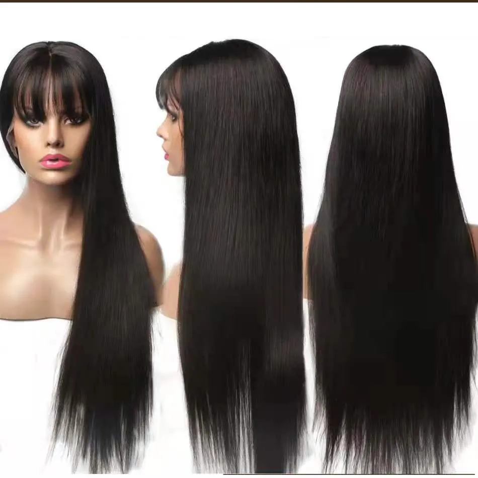 GMWig avec frange Perruques en cheveux humains droites pour femmes noires Perruque brésilienne à franges 30 pouces Cheveux naturels courts pré-plumés