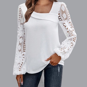 Camisa Holgada de Manga Larga con Paneles de Encaje y Escote Asimétrico para Mujer, Top de Moda - Product Image 6