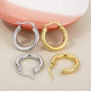 Vintage 18k Gold Plated 22mm Hoop Earring Silver Basic Minimalist Chunky Round Circle Clip On Earrings For Lady Gift