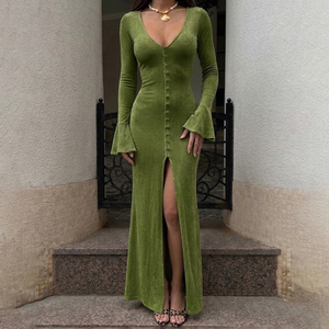 European Fashion Sexy <b>Vintage</b> Style Knit Button Front High Slit Flared Sleeve Deep V Neck Midi <b>Dress</b> <b>for</b> <b>Women</b> - Product Image 3