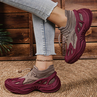 Baskets en tricot bordeaux pour femmes, avec cordon de serrage réglable, plateforme épaisse ajourée, respirantes, chaussures décontractées de marche pour femmes