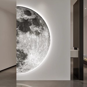 Peinture décorative sur le thème de la lune pour entrée, cadre circulaire beige avec rétroéclairage, texture réaliste en grès 3D pour couloirs et entrées - Product Image 2