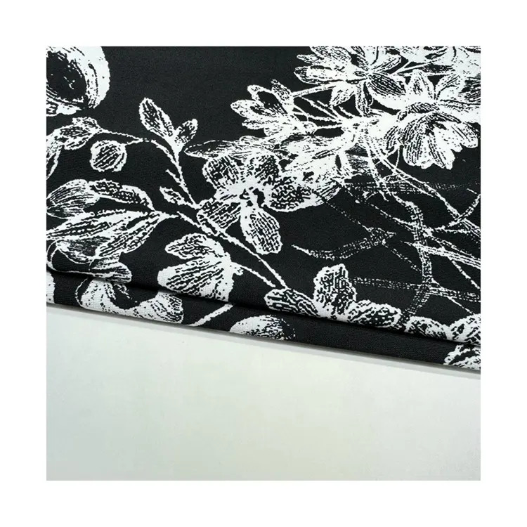 High Quality Soft Black On White Floral Printed Crystal Hemp Fabric For Spring And Summer Dresses