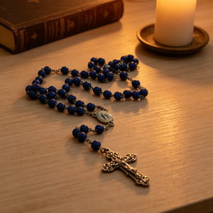 Collier chapelet perlé bleu, pendentif croix en alliage de zinc bleu foncé, bijou unisexe, cadeau A-215 - Product Image 2