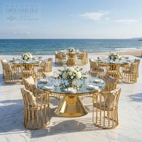 Table de banquet ronde de luxe avec plateau en verre noir et base en acier inoxydable doré pour mariage, événement, mobilier d'hôtel, vente en gros