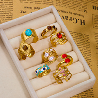 Bague ouverte CUMAI en acier inoxydable plaqué or avec pierres, perles et émail pour femme, style bohème vintage, turquoise, œil de tigre, rose, réglable