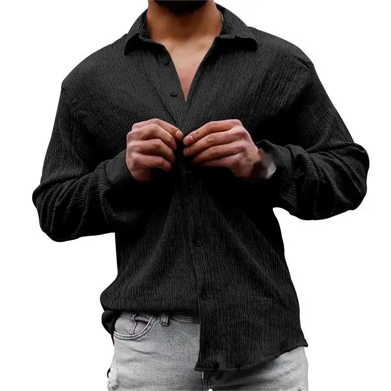 2023 Men's loose large size solid color shirt Crinkle turn-down collar Abrasion long sleeve casual shirt
