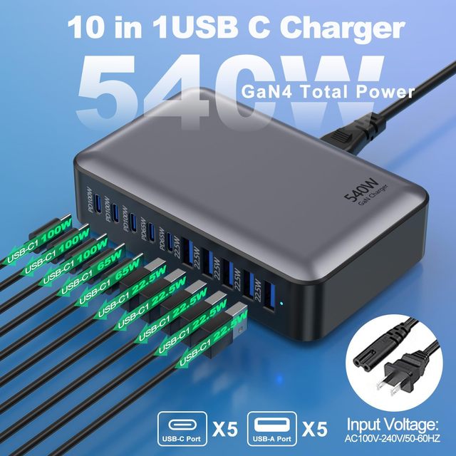 540W GaN4 10 Port USB C Charging Station 5USB-C+5USB-A Multi Port PD Fast Charger Hub for Laptop Phone Tablet Office