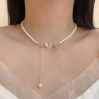 Collier ras du cou en perles d'eau douce naturelles pour femmes, breloque, chaîne en or 18k, pendentif en perles, collier papillon, nouvel arrivage