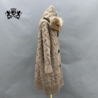 Cardigan en laine longue tricotée, manteau de mode, motif élégant, gros bouton, capuche, motif ondulé, cardigan en laine véritable tricotée